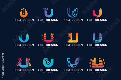 Collection of digital connection letter U logo designs