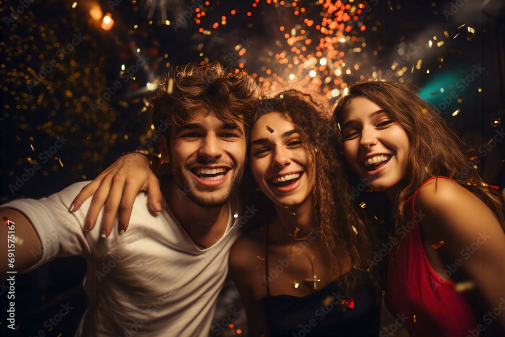 Two girls and one boy enjoy a happy new party with drinks and fireworks in an outdoor night