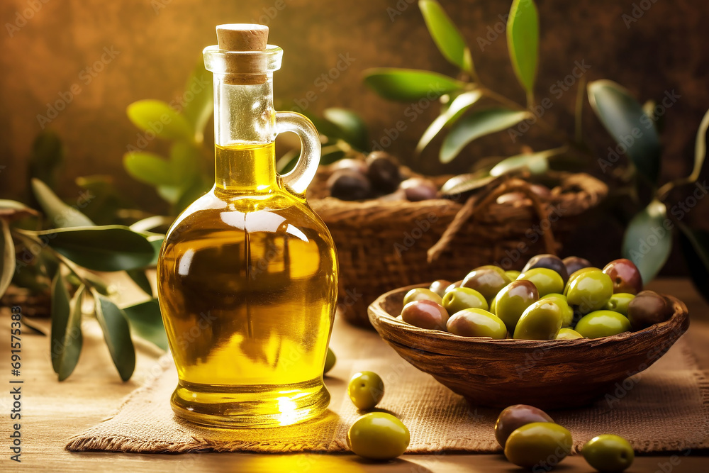 Olive oil in bottle with olives and leaves on table Olive oil in bottle with olives and leaves on table