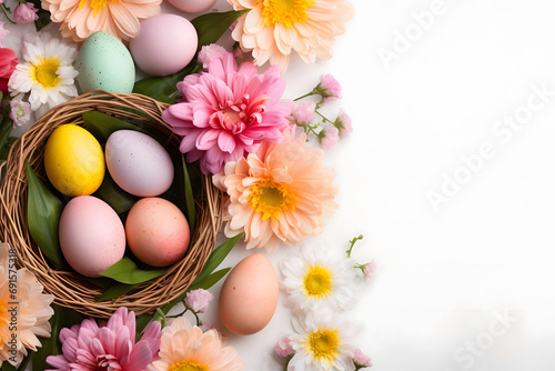 easter card, easter bunny with eggs, easter eggs and flowers, easter eggs in a basket, easter eggs and flowers on a white background, easter wall paper and background for social media