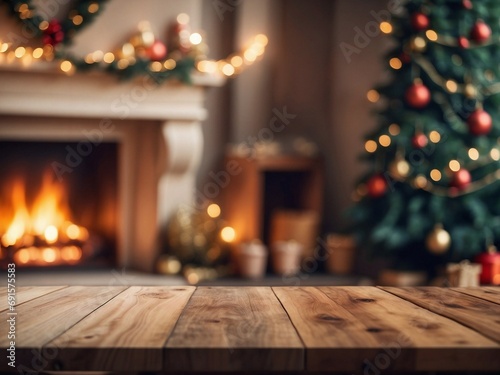 Wood table with blurry Christmas interiors in the background