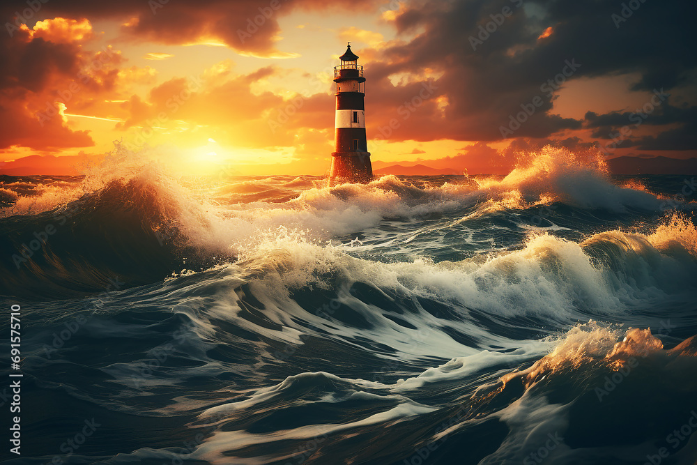 Lighthouse on ocean and sea waves