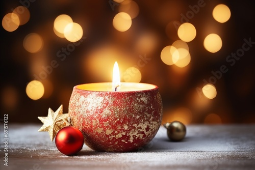Christmas Background with Candle and Festive Decorations on Rustic Wooden Background