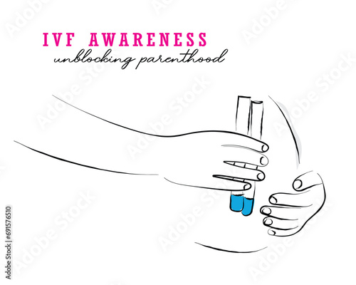  line art vector of an expecting woman holding test tubes. IVF awareness and Infertility Issues awareness