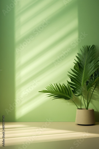 Minimalist pale green background with tropical leaves and shadow from striped window curtains on the wall for product photography with minimalist design and tropical mood.