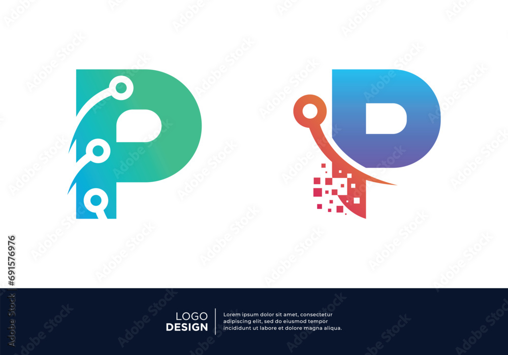 Naklejka premium Set of letter P logo design for digital technology symbol.