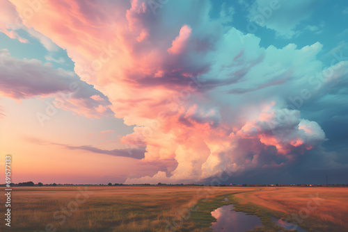 Meadow with beuatiful sky with dramatic pastel pink and blue storm clouds photo