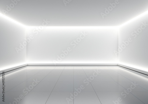 Blank light wall and floor in empty hall room with led light on top. Mockup