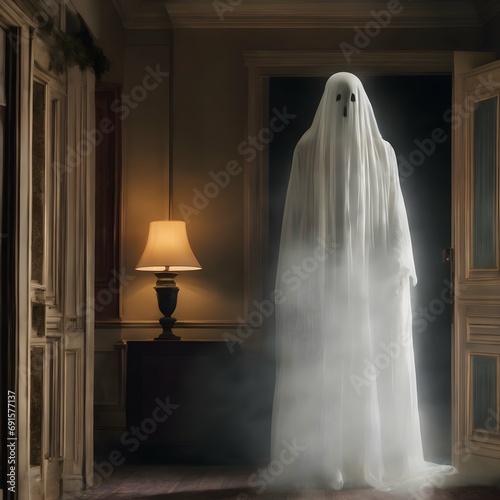 Ghostly encounter An illustration capturing a person s encounter with a ghost  with a translucent figure appearing in a dramatic or unexpected manner