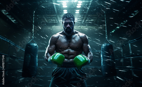 a muscular and angered man, adorned with boxing gloves, confronts challenges head-on. The dramatic lighting effect behind him. Generative AI.