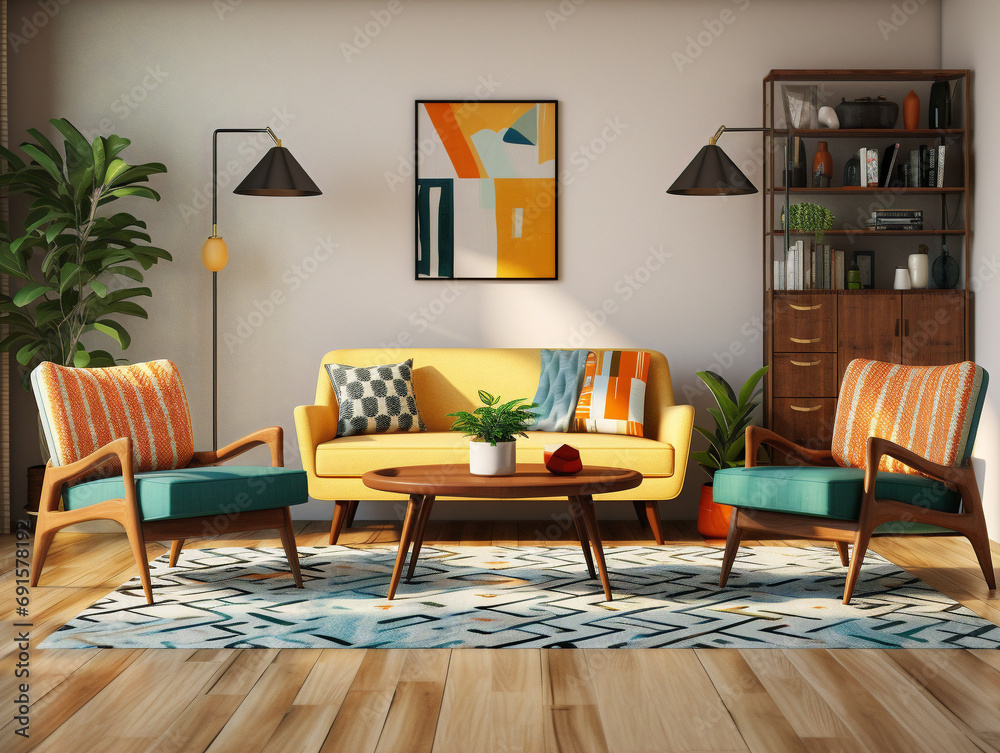 A stylish midcentury living room featuring retro furniture, with a touch of modern sophistication. A stylish midcentury living room featuring retro furniture, with a touch of modern sophistication.