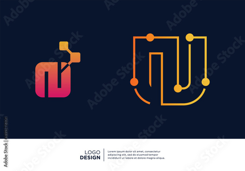 Letter N digital technology logo design collection.