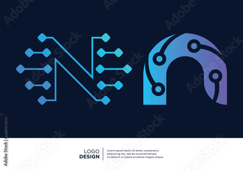Letter N logo design collection. Abstract symbol for digital technology.