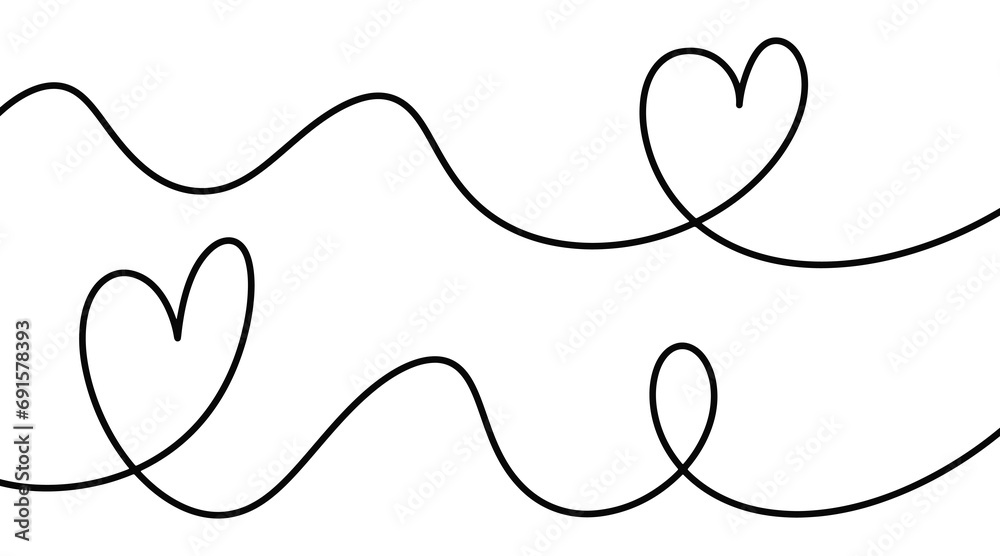 Motion line drawn for Valentine's Day. Solid or continuous line. Tangled hearts are drawn with thin material. Isolated on a white background. Greeting illustration for Valentine's Day.