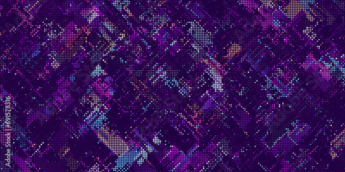 Futuristic halftone grunge dotted abstract digital technology background. Trendy big data sorting and analytics, machine learning, artificial intelligence. Glitched digital noise. Vector illustration