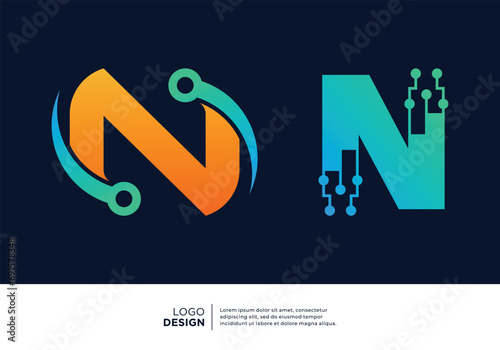 Set of Letter N digital data connection logo design.