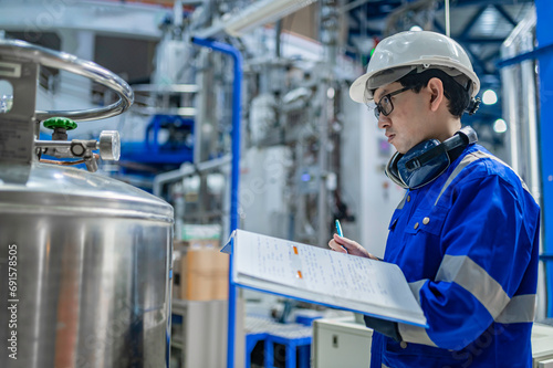 Asian engineer working at Operating hall,Thailand people wear helmet work,He worked with diligence and patience,she checked the valve regulator at the hydrogen tank.