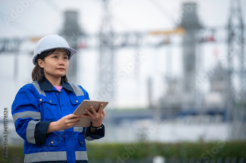 Asian woman petrochemical engineer working at oil and gas refinery plant industry factory,The people worker man engineer work control at power plant energy industry manufacturing © reewungjunerr