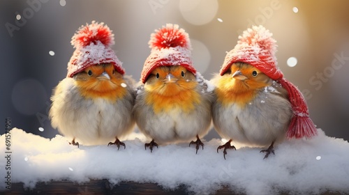 three funny birds Sparrow sitting on a branch in winter garden in a humorous knitted hats. AI generated image © Or