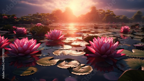 Landscape evening with sunset on a lake with lilies, with beautiful sky in summer season. AI generated image #691578920