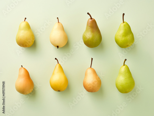 Pears isolated from each other. View from above.. Flat lay pattern