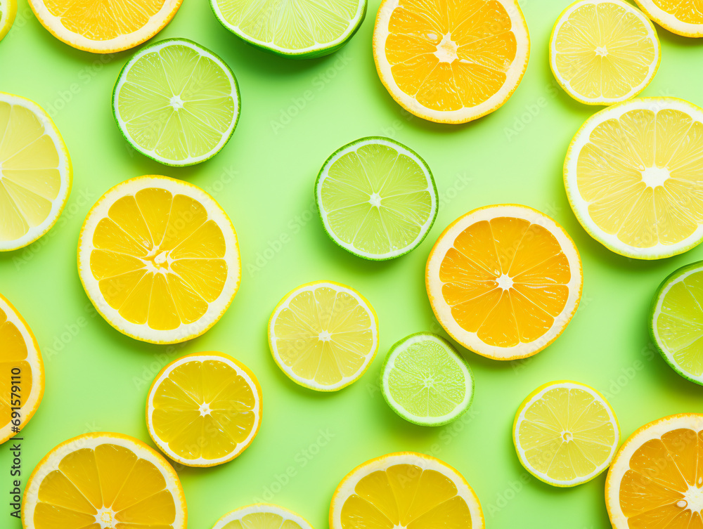 Sliced lime, lemon, orange isolated on green background. Top view. Flat lay pattern