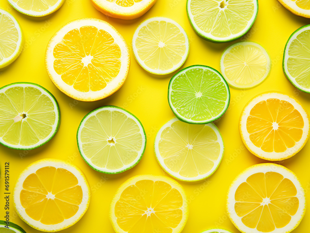Sliced lime, lemon, orange isolated on yellow background. Top view. Flat lay pattern