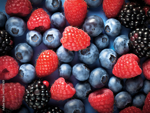 Mix of blueberries  raspberries and blackberries. Top view.. Flat lay pattern