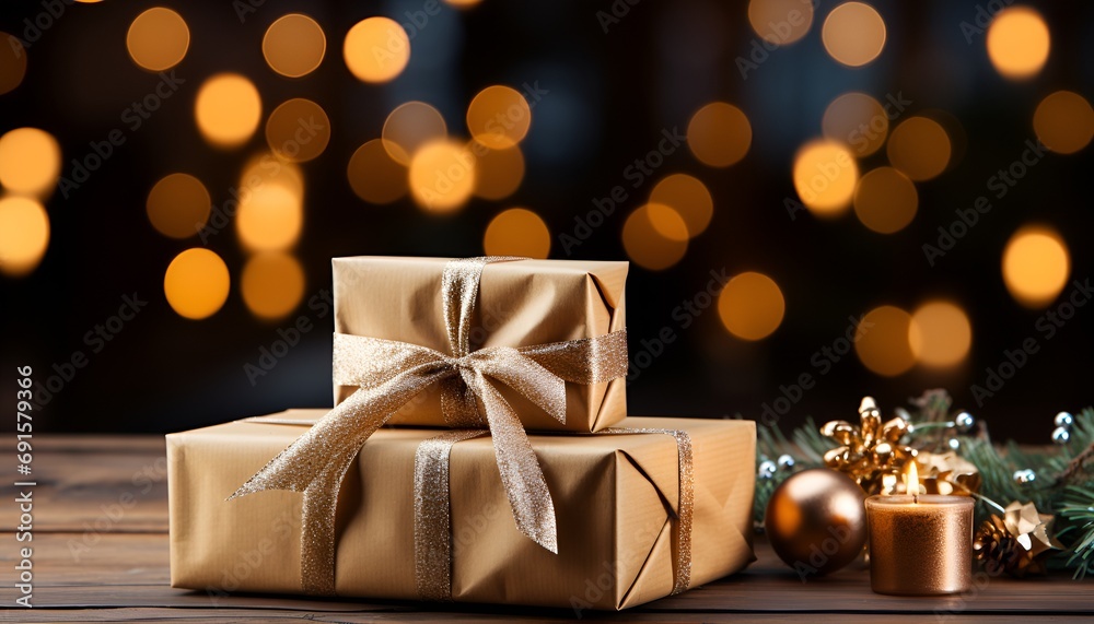 Golden wrapped Christmas gift with bow Golden wrapped Christmas gift with bow