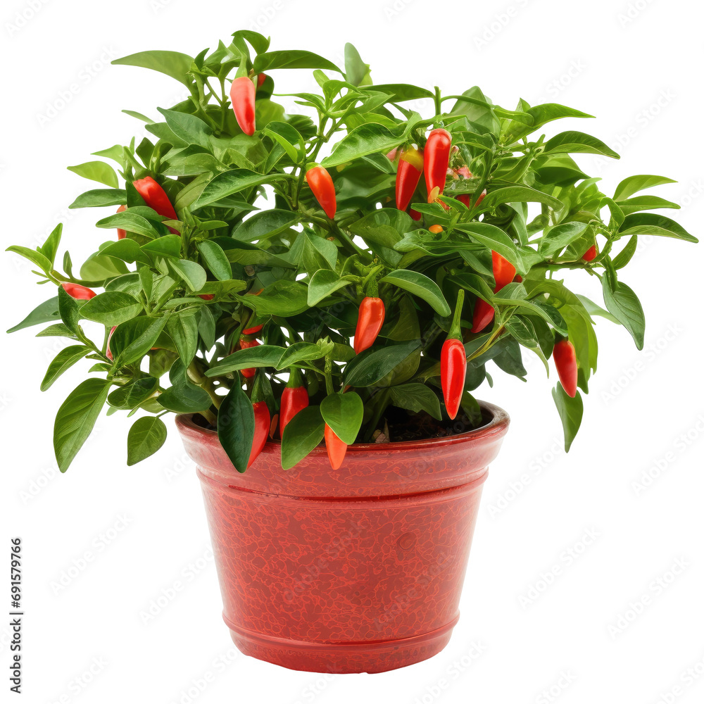 Miniature pepper bush in a garden pot, isolated on transparent background