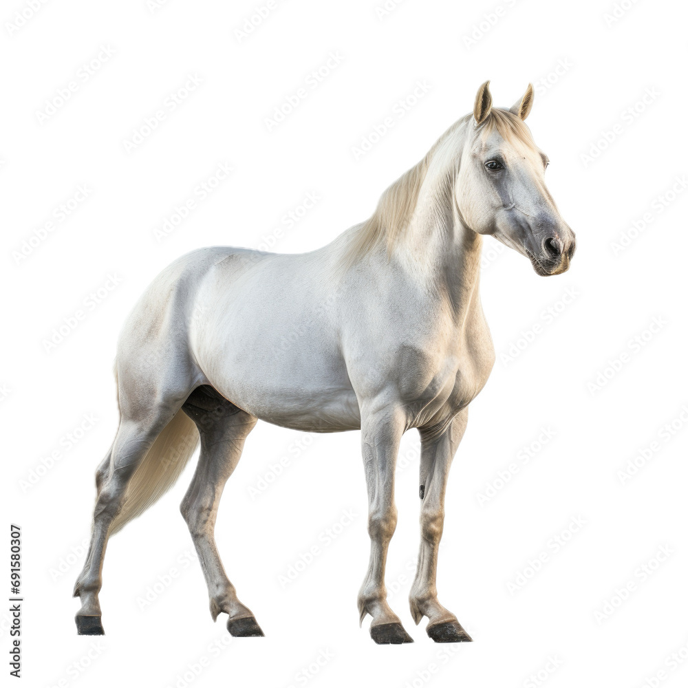 Fototapeta premium a White horse, standing, full body, 3/4 view, in a PNG, Equestrian/Ranch-themed, isolated, and transparent photorealistic illustration. Generative ai