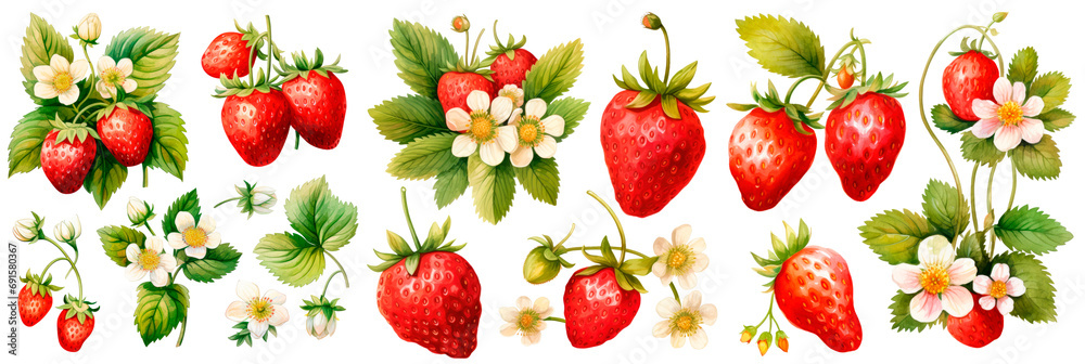 Set of watercolor illustration of ripe strawberry with leaves and flowers, isolated on transparent background Set of watercolor illustration of ripe strawberry with leaves and flowers, isolated on transparent background