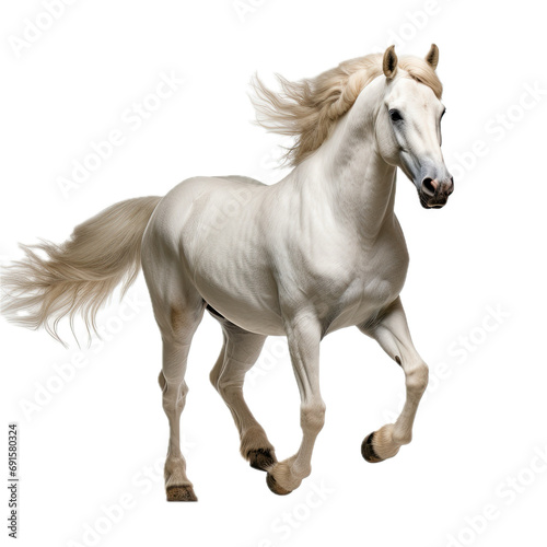 a White horse, in motion, full body, 3/4 view, in a PNG, Equestrian/Ranch-themed, isolated, and transparent photorealistic illustration. Generative ai © Purple Penguin GFX