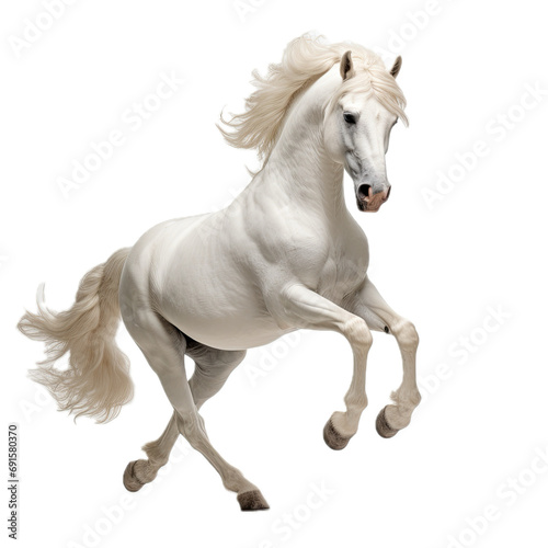 a White horse, in motion, full body, 3/4 view, in a PNG, Equestrian/Ranch-themed, isolated, and transparent photorealistic illustration. Generative ai © Purple Penguin GFX