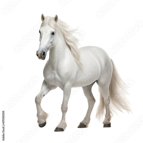 a White horse  in motion  full body  3 4 view  in a PNG  Equestrian Ranch-themed  isolated  and transparent photorealistic illustration. Generative ai