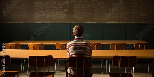 Lonely student sitting at the back of the classroom , concept of Solitary adolescent photo