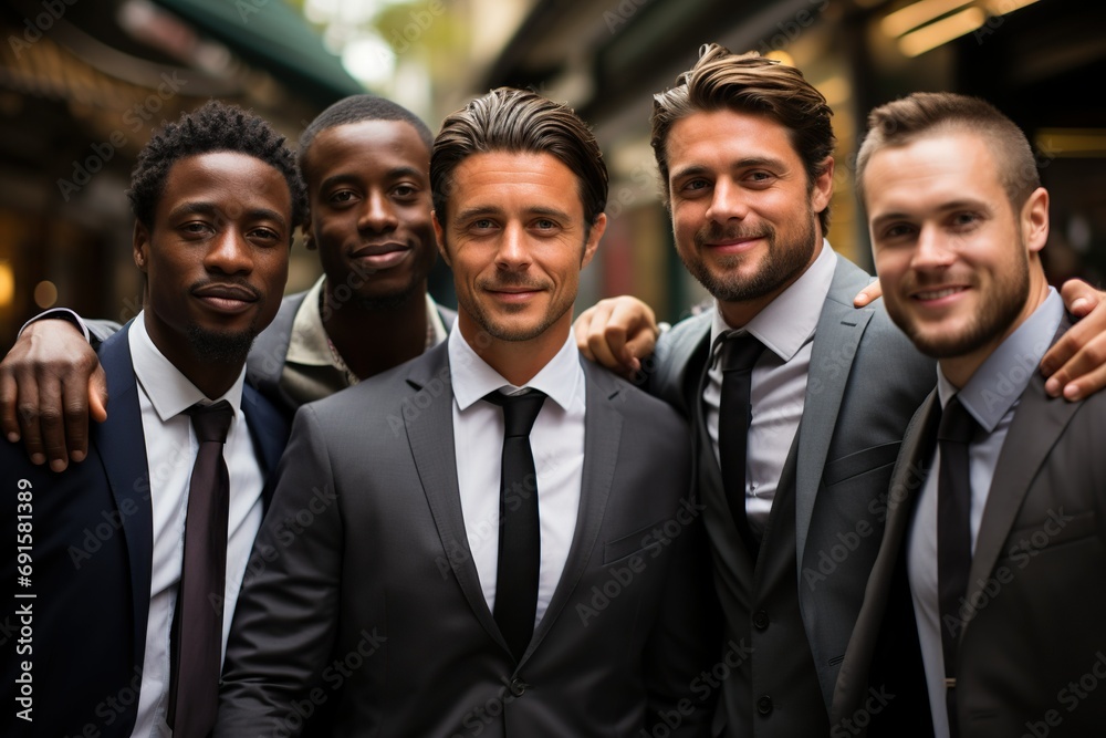 Diverse group of business professionals posing with smiles, showcasing ethnicity diversity in a cheerful and united work environment Diverse group of business professionals posing with smiles, showcasing ethnicity diversity in a cheerful and united work environment