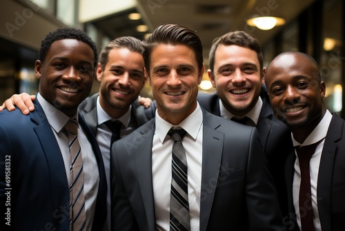Diverse group of business professionals posing with smiles, showcasing ethnicity diversity in a cheerful and united work environment