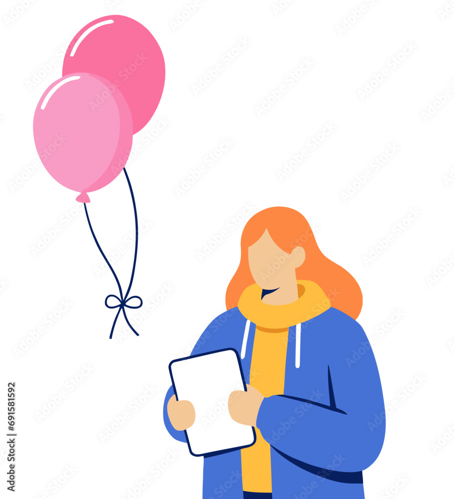 Red-haired woman with tablet and balloons, vector illustration. Red-haired woman with tablet and balloons, vector illustration.