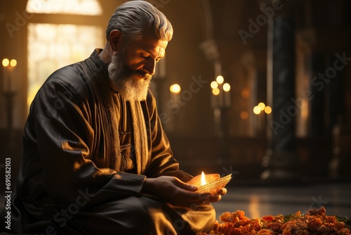 Muslim man reading Quran in Mosque at sunset or sunrise. Eastern religion and knowledge concept photo