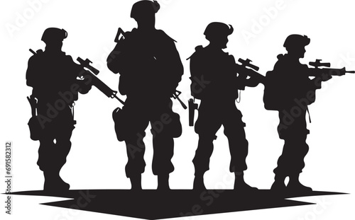 Silhouettes of soldiers with guns and backpacks