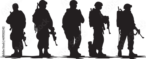 Silhouettes of soldiers with guns and backpacks