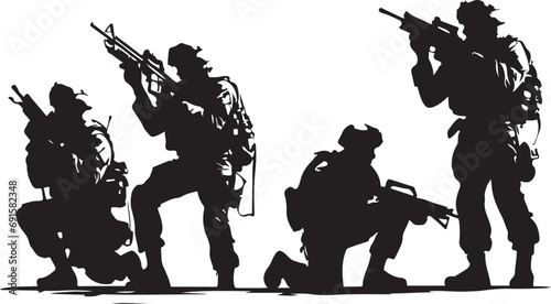 Silhouettes of soldiers with guns and backpacks