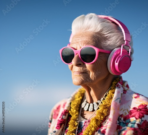 an elderly woman is wearing sunglasses and listening to music, mesmerizing optical illusions