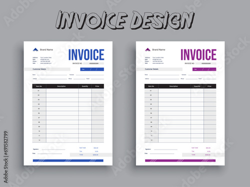 Clean invoice template vector design. Invoice Design. Business invoice form template. Invoicing quotes, money bills or pricelist and payment agreement design templates. payment receipt.
