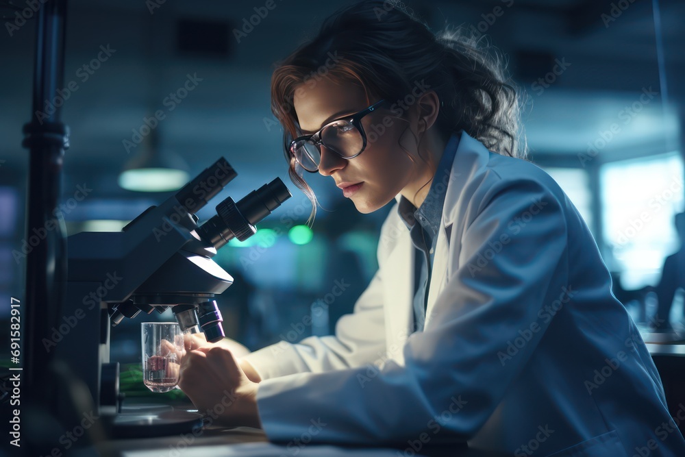 Important research. Serious experienced scientist working with her microscope and wearing a uniform and glasses.  - obrazy, fototapety, plakaty 