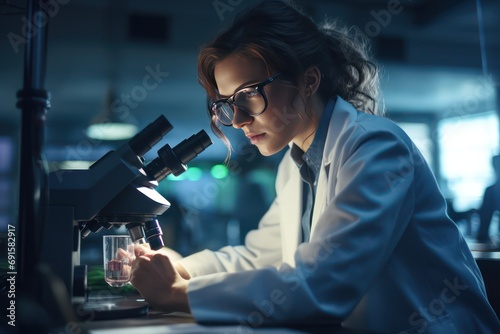 Important research. Serious experienced scientist working with her microscope and wearing a uniform and glasses.  photo