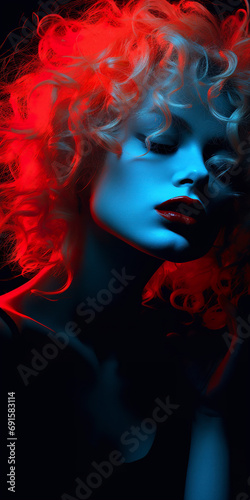 Portrait of blonde woman with curly hair in duotone neon style. Woman in indigo colors in minimalist style on a black screen.