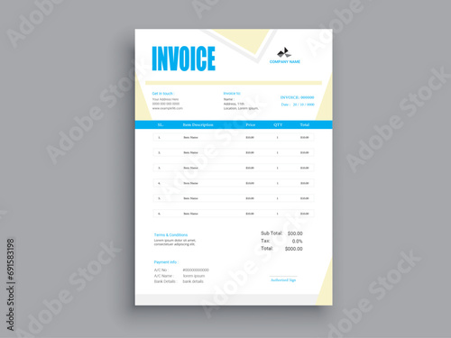 Clean invoice template vector design. Invoice Design. Business invoice form template. Invoicing quotes, money bills or pricelist and payment agreement design templates. payment receipt.