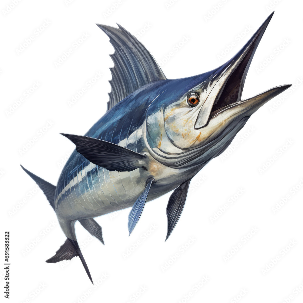 Fototapeta premium a Blue Marling fish, side view, in a PNG, Deep Sea fishing and Aquatic-themed, isolated, and transparent photorealistic illustration. Generative ai